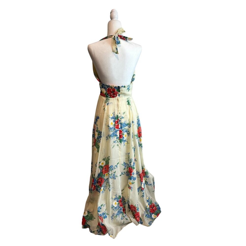 Vintage 70s Arjon California Prairie Boho Halter Maxi Dress Pastel Yellow 13 - Picture 3 of 15